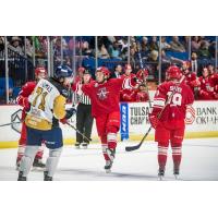 Allen Americans Left Wing Riley Bourbonnais celebrates a goal