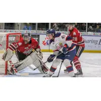 Saginaw Spirit right wing Jake Goldowski sets up in front of the Guelph Storm net