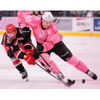 Jordan Nolan of the San Antonio Rampage wins a puck battle against Grand Rapids Griffins' defenseman Filip Hronek