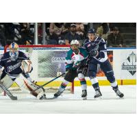 Kelowna Rockets set up in front of the Kamloops Blazers net