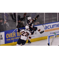 Kamerin Nault and Michael Pelech of the Greenville Swamp Rabbits celebrate Nault's game-winning goal against the Atlanta Gladiators