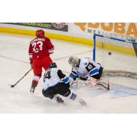Riley Bourbonnais of the Allen Americans scores against the Wichita Thunder