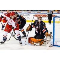 Spencer Asuchak of the Allen Americans scores against the Kansas City Mavericks