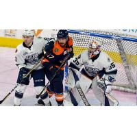 Greenville Swamp Rabbits forward Austen Brassard sandwiched by the Worcester Railers