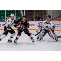 Cleveland Monsters goaltender Jean-Francois Berube sets up against the Belleville Senators