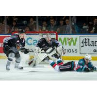 Vancouver Giants goaltender David Tendeck and defenceman Bowen Byram vs. the Kelowna Rockets