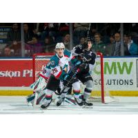 Vancouver Giants and Kelowna Rockets battle in front of the Kelown net