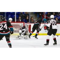 Vancouver Giants goaltender David Tendeck stops a Kelowna Rockets shot