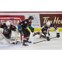 Vancouver Giants center Jadon Joseph wraps around the Kelowna Rockets goal