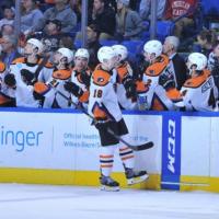 Lehigh Valley Phantoms center Byron Froese receives congratulations from the bench