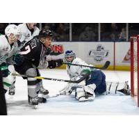 Justin Sourdif of the Vancouver Giants scores against the Seattle Thunderbirds