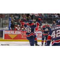 Damien Giroux of the Saginaw Spirit celebrates his goal