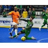 Mississauga MetroStars' Halburto Harris (left) challenges Utica City FC's Domenico Vitale for the ball