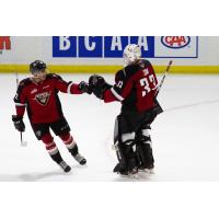 Vancouver Giants centre Justin Sourdif and goaltender Drew Sim