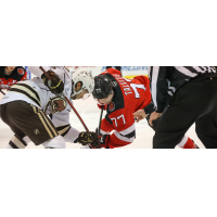 Binghamton Devils forward Aarne Talvitie faces off with the Hershey Bears