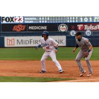 Michael Busch of the Tulsa Drillers leads off first base on Jackie Robinson Day Sunday afternoon at ONEOK Field
