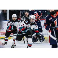 Kelowna Rockets' Jackson Gillespie and Owen Folstrom on the ice