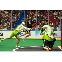 Vancouver Warriors' Marcus Klarich versus Saskatchewan Rush's Keegan Bell and Frank Scigliano